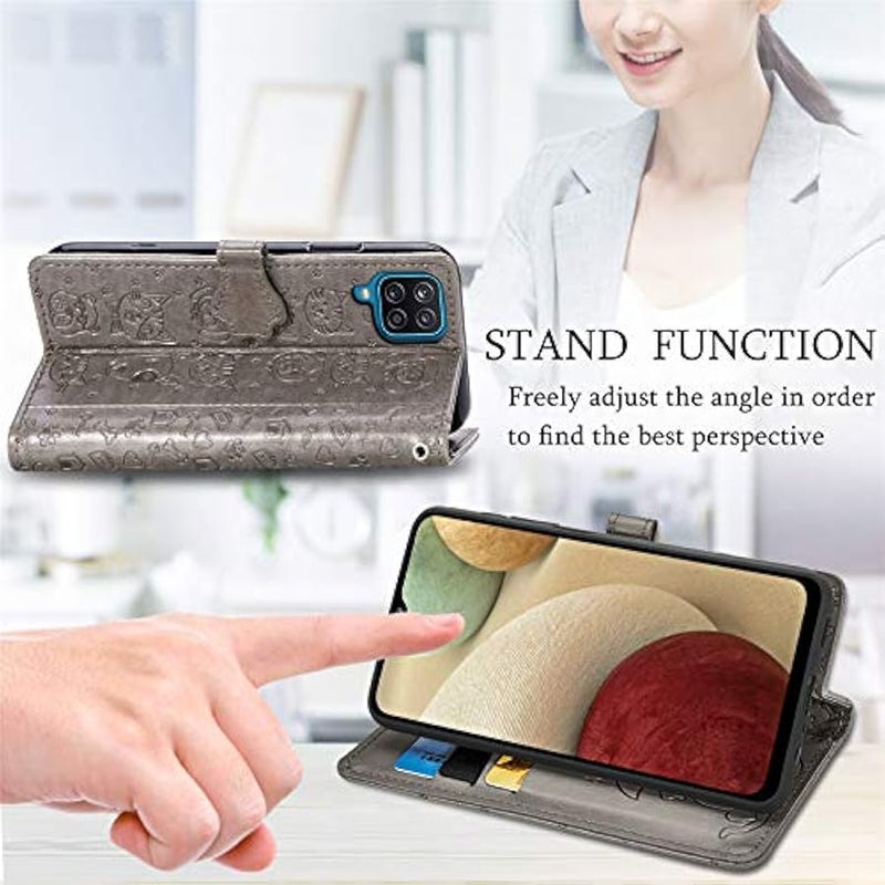 Samsung Galaxy A12 Cartoon Girl Wallet Case,CCSmall Cat Flip Phone Cover with Card Holder Wrist Strap & Screen Protector Kickstand PU Leather Cases for Samsung Galaxy A12 MG (Grey) - Image 2